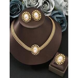 18K Gold Plated Minimalist Fashion Pearl Geometric Pendant Necklace, Earrings, R